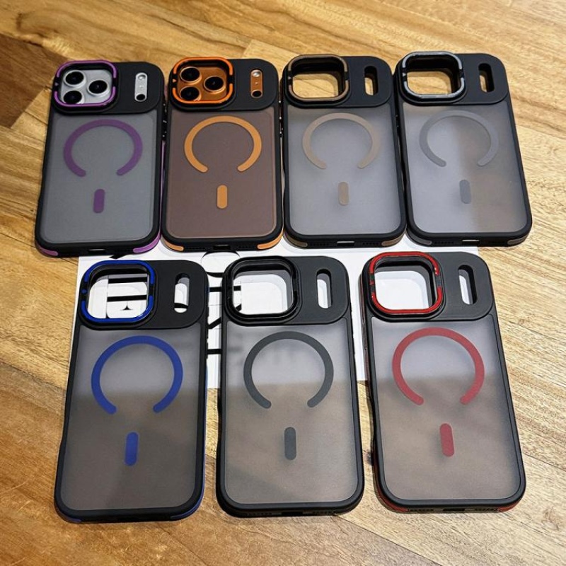 For iPhone Skin Feel Frosted Metal Lens Holder MagSafe Magnetic Phone Case